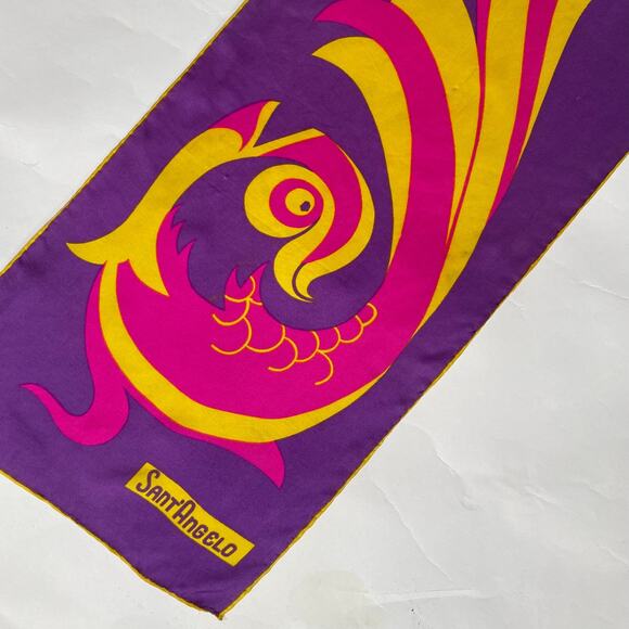 VTG 70s Giorgio Sant’Angelo Pink Purple Fish Dragon Print Signed Silk Scarf - Picture 2 of 6
